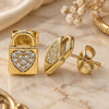 Oro Laminado Stud Earring, Gold Filled Style Lock and Heart Design, with White Micro Pave, Polished, Golden Finish, 02.210.0406