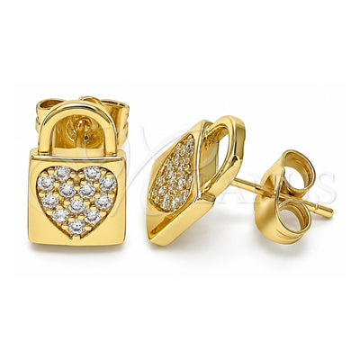 Oro Laminado Stud Earring, Gold Filled Style Lock and Heart Design, with White Micro Pave, Polished, Golden Finish, 02.210.0406