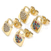 Oro Laminado Stud Earring, Gold Filled Style Lock and Heart Design, with White Micro Pave, Polished, Golden Finish, 02.210.0406