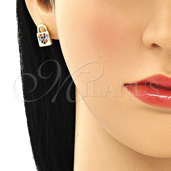 Oro Laminado Stud Earring, Gold Filled Style Lock and Heart Design, with Multicolor Micro Pave, Polished, Golden Finish, 02.210.0406.1