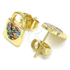 Oro Laminado Stud Earring, Gold Filled Style Lock and Heart Design, with Multicolor Micro Pave, Polished, Golden Finish, 02.210.0406.1