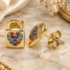 Oro Laminado Stud Earring, Gold Filled Style Lock and Heart Design, with Multicolor Micro Pave, Polished, Golden Finish, 02.210.0406.1
