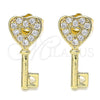 Oro Laminado Stud Earring, Gold Filled Style key and Heart Design, with White Micro Pave, Polished, Golden Finish, 02.210.0407