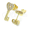 Oro Laminado Stud Earring, Gold Filled Style key and Heart Design, with White Micro Pave, Polished, Golden Finish, 02.210.0407