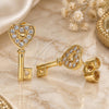 Oro Laminado Stud Earring, Gold Filled Style key and Heart Design, with White Micro Pave, Polished, Golden Finish, 02.210.0407
