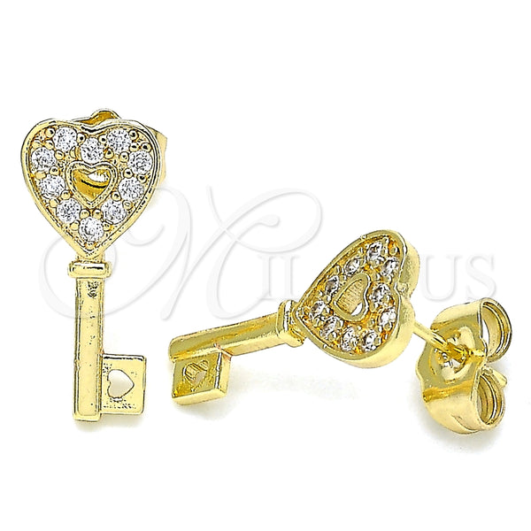 Oro Laminado Stud Earring, Gold Filled Style key and Heart Design, with White Micro Pave, Polished, Golden Finish, 02.210.0407