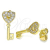 Oro Laminado Stud Earring, Gold Filled Style key and Heart Design, with White Micro Pave, Polished, Golden Finish, 02.210.0407