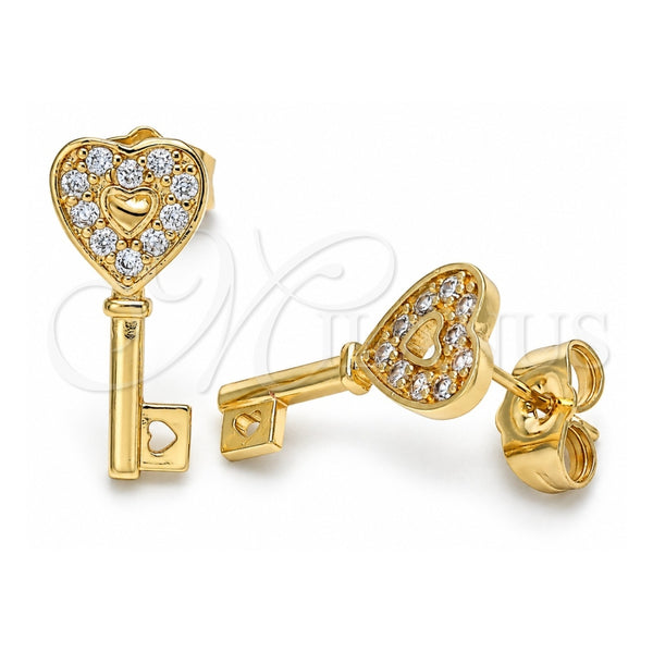 Oro Laminado Stud Earring, Gold Filled Style key and Heart Design, with White Micro Pave, Polished, Golden Finish, 02.210.0407