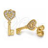 Oro Laminado Stud Earring, Gold Filled Style key and Heart Design, with White Micro Pave, Polished, Golden Finish, 02.210.0407