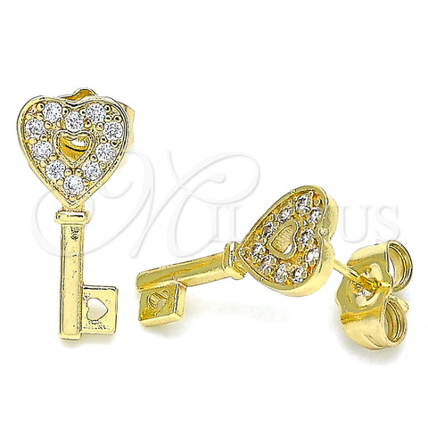 Oro Laminado Stud Earring, Gold Filled Style key and Heart Design, with White Micro Pave, Polished, Golden Finish, 02.210.0407