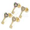 Oro Laminado Stud Earring, Gold Filled Style key and Heart Design, with White Micro Pave, Polished, Golden Finish, 02.210.0407