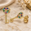 Oro Laminado Stud Earring, Gold Filled Style key and Heart Design, with Multicolor Micro Pave, Polished, Golden Finish, 02.210.0407.1