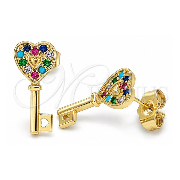 Oro Laminado Stud Earring, Gold Filled Style key and Heart Design, with Multicolor Micro Pave, Polished, Golden Finish, 02.210.0407.1