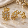 Oro Laminado Stud Earring, Gold Filled Style Turtle Design, with White Micro Pave, Polished, Golden Finish, 02.210.0408