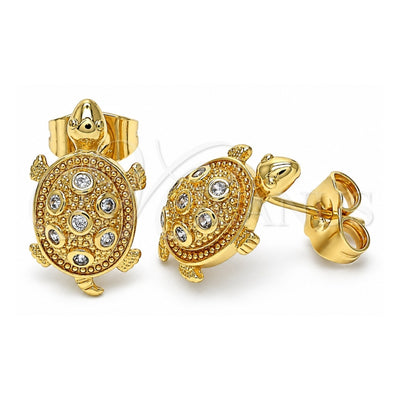 Oro Laminado Stud Earring, Gold Filled Style Turtle Design, with White Micro Pave, Polished, Golden Finish, 02.210.0408