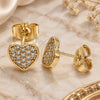 Oro Laminado Stud Earring, Gold Filled Style Heart Design, with White Micro Pave, Polished, Golden Finish, 02.210.0409