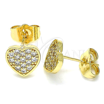 Oro Laminado Stud Earring, Gold Filled Style Heart Design, with White Micro Pave, Polished, Golden Finish for wholesale, main product view