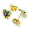 Oro Laminado Stud Earring, Gold Filled Style Heart Design, with Multicolor Micro Pave, Polished, Golden Finish, 02.210.0409.1