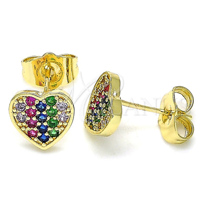 Oro Laminado Stud Earring, Gold Filled Style Heart Design, with Multicolor Micro Pave, Polished, Golden Finish for wholesale, main product view