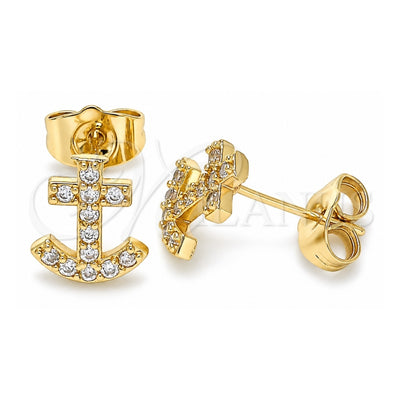 Oro Laminado Stud Earring, Gold Filled Style Anchor Design, with White Micro Pave, Polished, Golden Finish, 02.210.0410