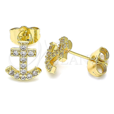 Oro Laminado Stud Earring, Gold Filled Style Anchor Design, with White Micro Pave, Polished, Golden Finish for wholesale, main product view