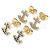 Oro Laminado Stud Earring, Gold Filled Style Anchor Design, with White Micro Pave, Polished, Golden Finish, 02.210.0410