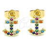 Oro Laminado Stud Earring, Gold Filled Style Anchor Design, with Multicolor Micro Pave, Polished, Golden Finish, 02.210.0410.1