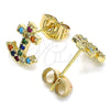 Oro Laminado Stud Earring, Gold Filled Style Anchor Design, with Multicolor Micro Pave, Polished, Golden Finish, 02.210.0410.1