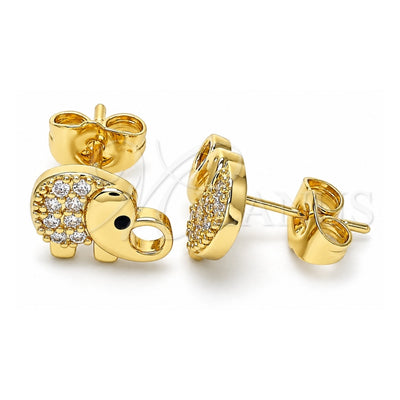 Oro Laminado Stud Earring, Gold Filled Style Elephant Design, with White and Black Micro Pave, Polished, Golden Finish, 02.210.0411