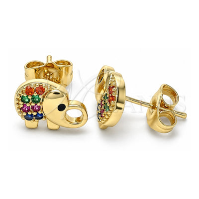 Oro Laminado Stud Earring, Gold Filled Style Elephant Design, with Multicolor Micro Pave, Polished, Golden Finish, 02.210.0411.1