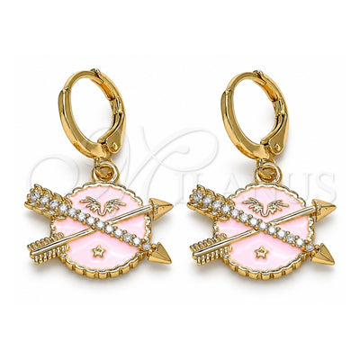 Oro Laminado Dangle Earring, Gold Filled Style Star Design, with White Micro Pave, Pink Enamel Finish, Golden Finish, 02.377.0024.1