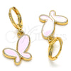 Oro Laminado Dangle Earring, Gold Filled Style Butterfly Design, Pink Enamel Finish, Golden Finish, 02.377.0025.1