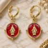 Oro Laminado Dangle Earring, Gold Filled Style Virgen Maria Design, Red Enamel Finish, Golden Finish, 02.377.0026.1