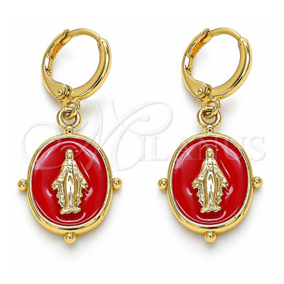 Oro Laminado Dangle Earring, Gold Filled Style Virgen Maria Design, Red Enamel Finish, Golden Finish, 02.377.0026.1