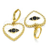 Oro Laminado Dangle Earring, Gold Filled Style Heart and Evil Eye Design, with Black Cubic Zirconia, White Enamel Finish, Golden Finish, 02.377.0029