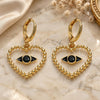 Oro Laminado Dangle Earring, Gold Filled Style Heart and Evil Eye Design, with Black Cubic Zirconia, White Enamel Finish, Golden Finish, 02.377.0029