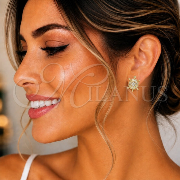 Oro Laminado Stud Earring, Gold Filled Style Turtle Design, with White Micro Pave, Polished, Golden Finish, 02.210.0413