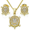 Oro Laminado Earring and Pendant Adult Set, Gold Filled Style Turtle Design, with White Micro Pave, Polished, Golden Finish, 10.210.0153