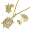 Oro Laminado Earring and Pendant Adult Set, Gold Filled Style Turtle Design, with White Micro Pave, Polished, Golden Finish, 10.210.0153