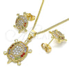 Oro Laminado Earring and Pendant Adult Set, Gold Filled Style Turtle Design, with Multicolor Micro Pave, Polished, Golden Finish, 10.210.0153.1