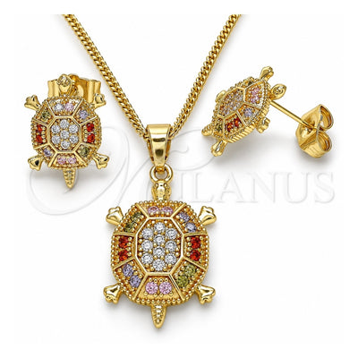Oro Laminado Earring and Pendant Adult Set, Gold Filled Style Turtle Design, with Multicolor Micro Pave, Polished, Golden Finish, 10.210.0153.1