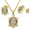Oro Laminado Earring and Pendant Adult Set, Gold Filled Style Turtle Design, with Multicolor Micro Pave, Polished, Golden Finish, 10.210.0153.1