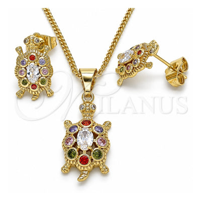 Oro Laminado Earring and Pendant Adult Set, Gold Filled Style Turtle Design, with Multicolor Cubic Zirconia, Polished, Golden Finish, 10.210.0154.1