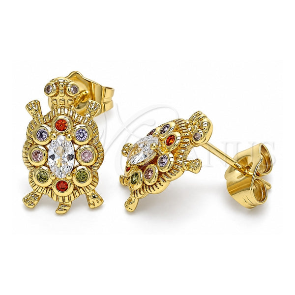 Oro Laminado Stud Earring, Gold Filled Style Turtle Design, with Multicolor Micro Pave, Polished, Golden Finish, 02.210.0414.1