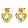 Oro Laminado Stud Earring, Gold Filled Style Heart Design, with White Micro Pave, Polished, Golden Finish, 02.342.0102