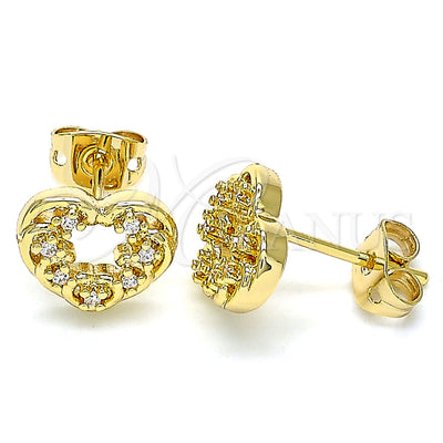 Oro Laminado Stud Earring, Gold Filled Style Heart Design, with White Micro Pave, Polished, Golden Finish for wholesale, main product view