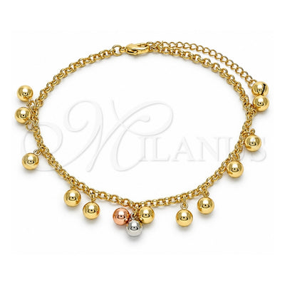 Oro Laminado Charm Anklet , Gold Filled Style Ball and Rattle Charm Design, Polished, Tricolor, 03.331.0048.09 (03 MM Thickness, 9 Inches Length)