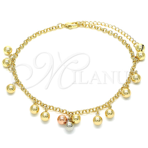 Oro Laminado Charm Anklet , Gold Filled Style Ball and Rattle Charm Design, Polished, Tricolor, 03.331.0048.09 (03 MM Thickness, 9 Inches Length)