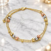 Oro Laminado Charm Anklet , Gold Filled Style Ball and Rattle Charm Design, Polished, Tricolor, 03.331.0052.10 (02 MM Thickness, 10 Inches Length)