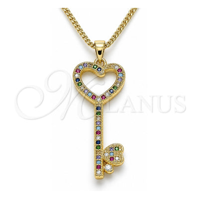 Oro Laminado Pendant Necklace, Gold Filled Style key and Heart Design, with Multicolor Micro Pave, Polished, Golden Finish, 04.344.0004.2.20 (02 MM Thickness, 20 Inches Length)